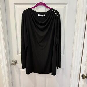 Susan Graver 3X Liquid Knit Black Draped Long Sleeve Top Shoulder Rhinestones